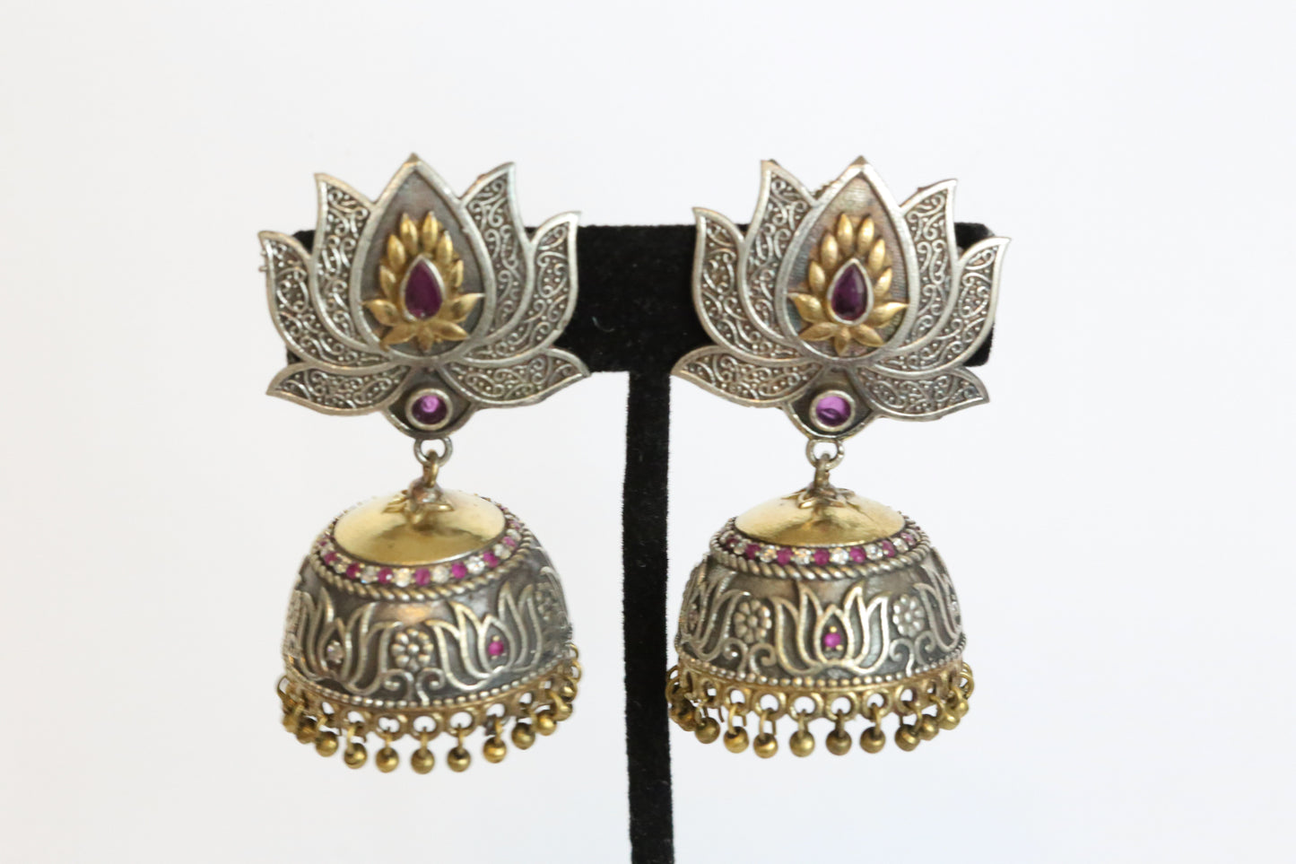 Dual Tone Oxidized Lotus Jhumka - Ruby