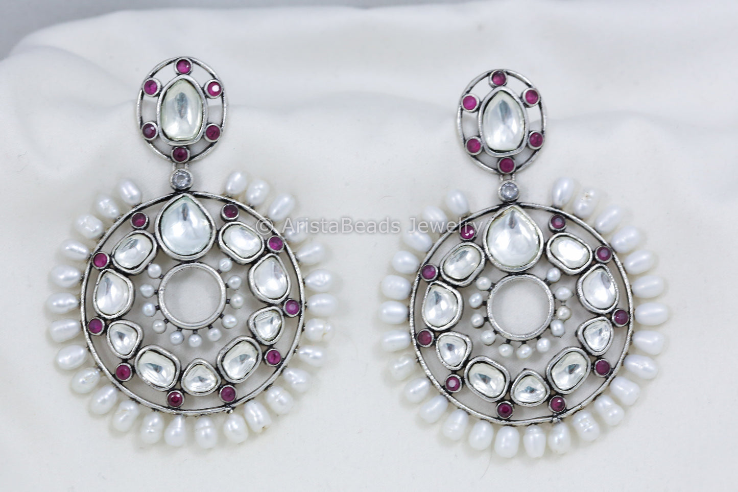 Silver Finish Real Pearl Kundan Earrings