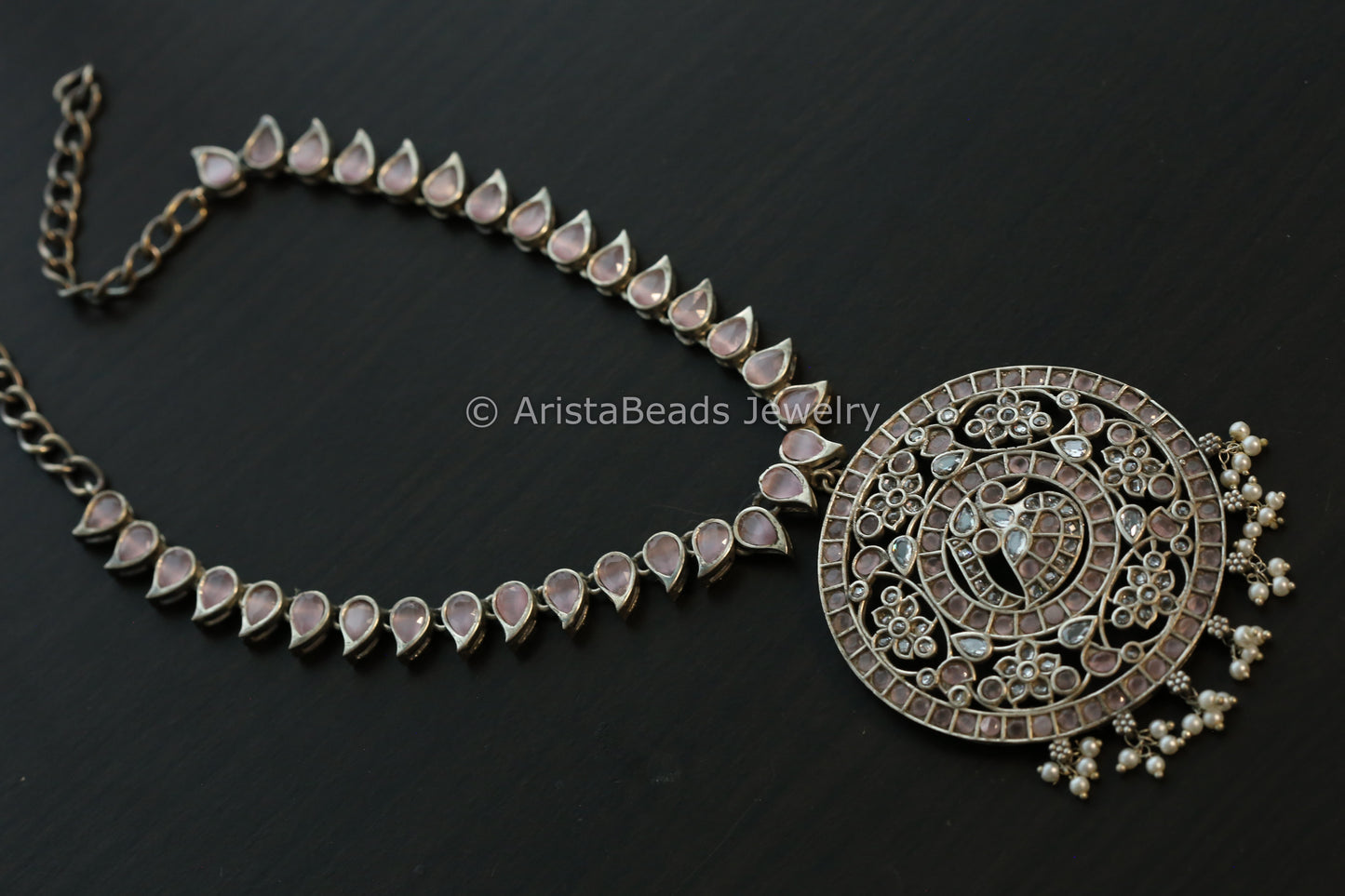 Jadau Look Alike Oxidized CZ Peacock Necklace - Pink