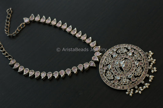 Jadau Look Alike Oxidized CZ Peacock Necklace - Pink