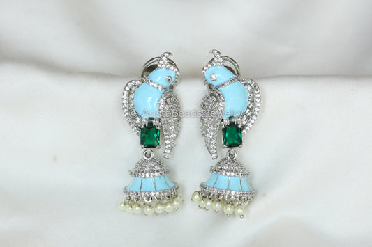 Glazed Enamel Bird Jhumka - Light Blue