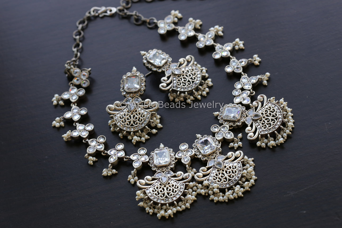 Clear Silver Look Oxidized Necklace Set