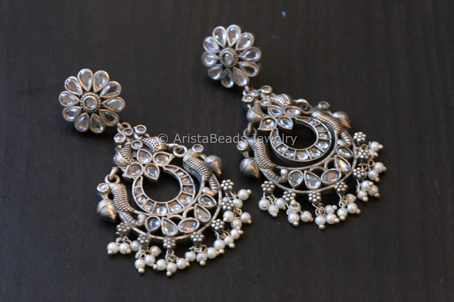 Oxidized Silver Look Chandbaali - Clear