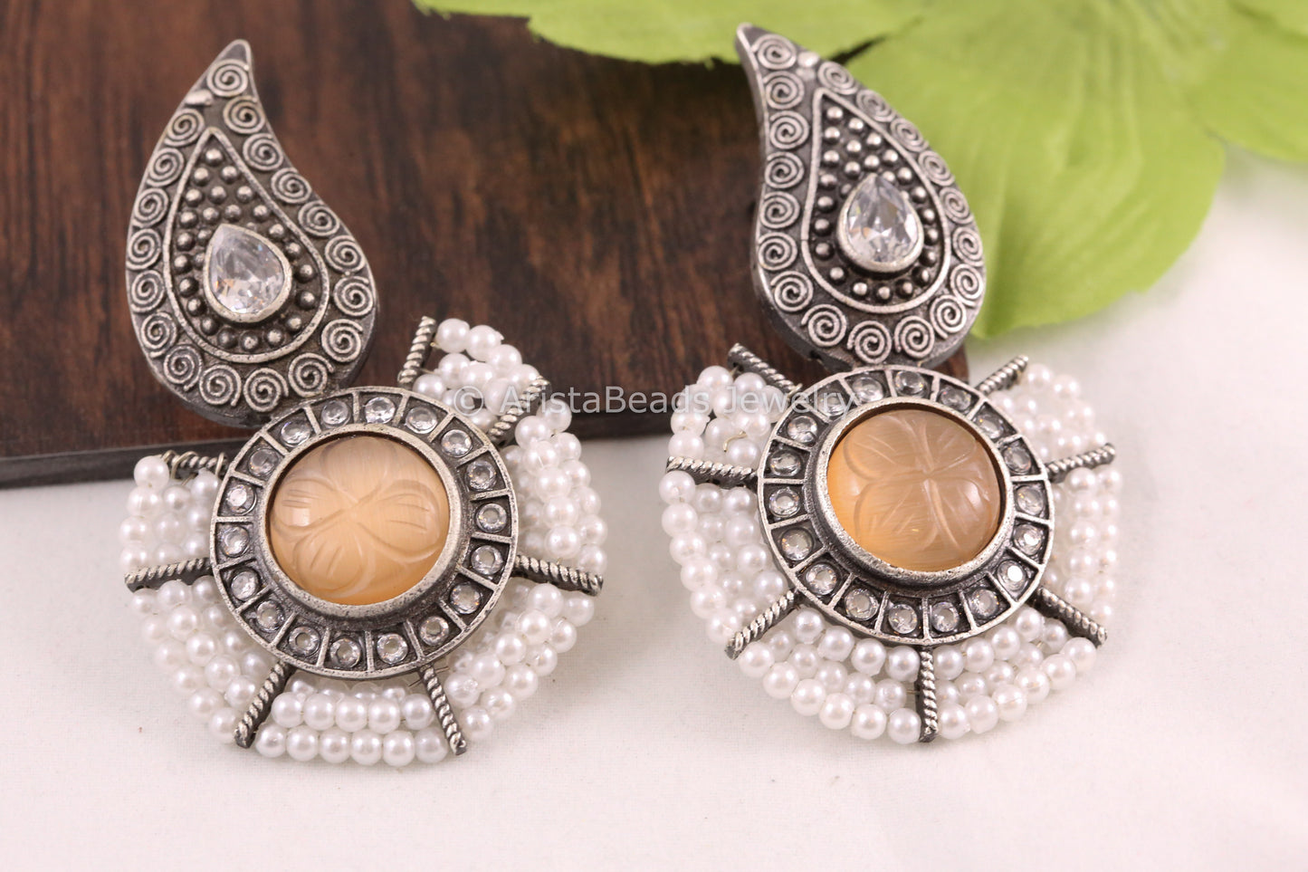 Carved Stone Silver Look Earrings - Peach