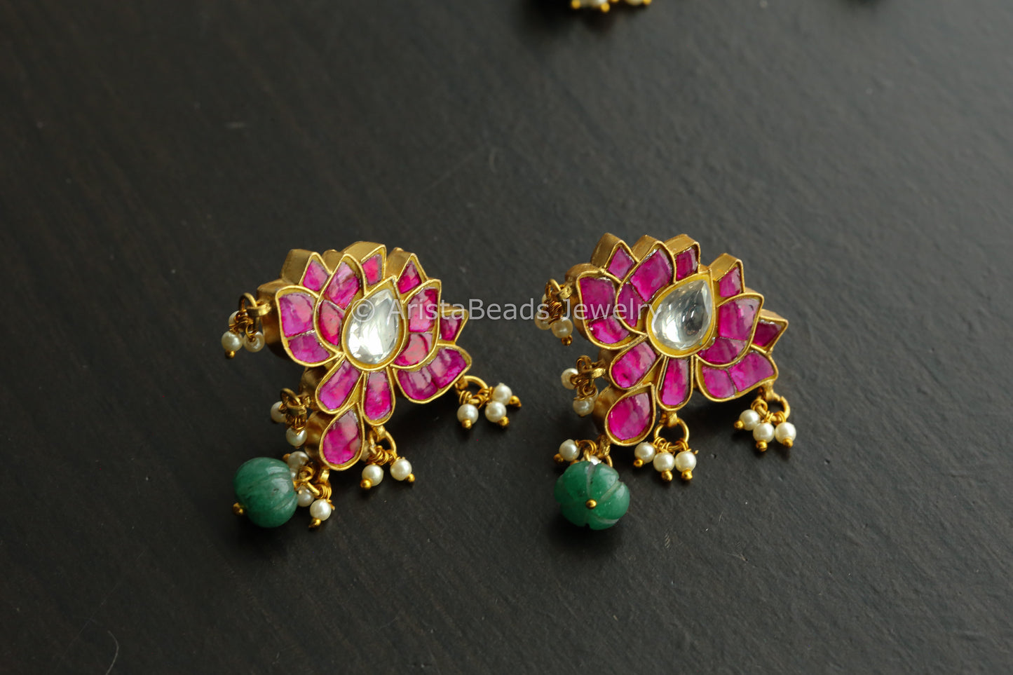 Silver Look Kundan Jadau Lotus Earrings - Ruby Clear