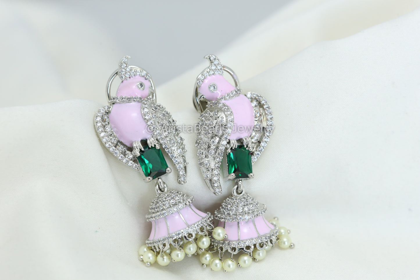 Glazed Enamel Bird Jhumka - Pink