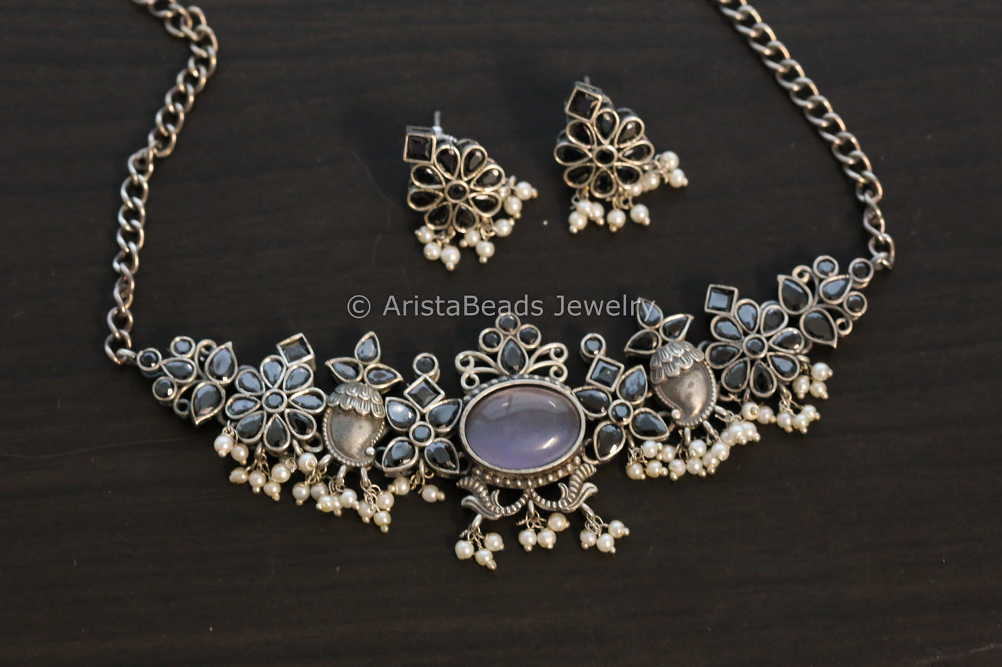 Gray Black Oxidized Monalisa Stone Choker Set