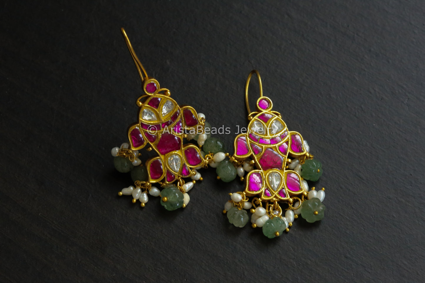 Silver Look Alike Kundan Earrings With Rice Pearls - Ruby