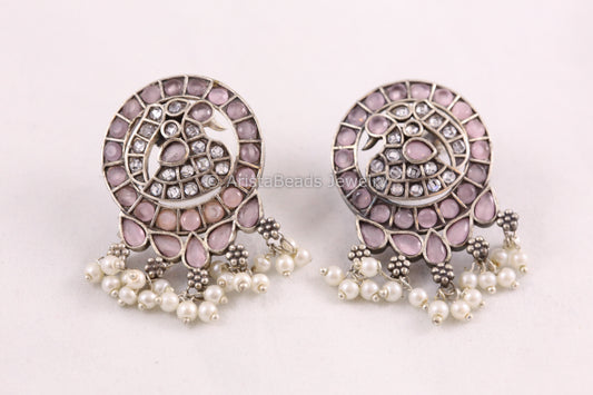 Jadau Look CZ Oxidized Earrings - Pink