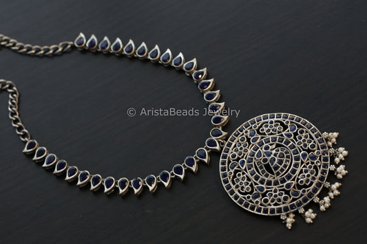 Jadau Look Alike Oxidized CZ Peacock Necklace - Blue