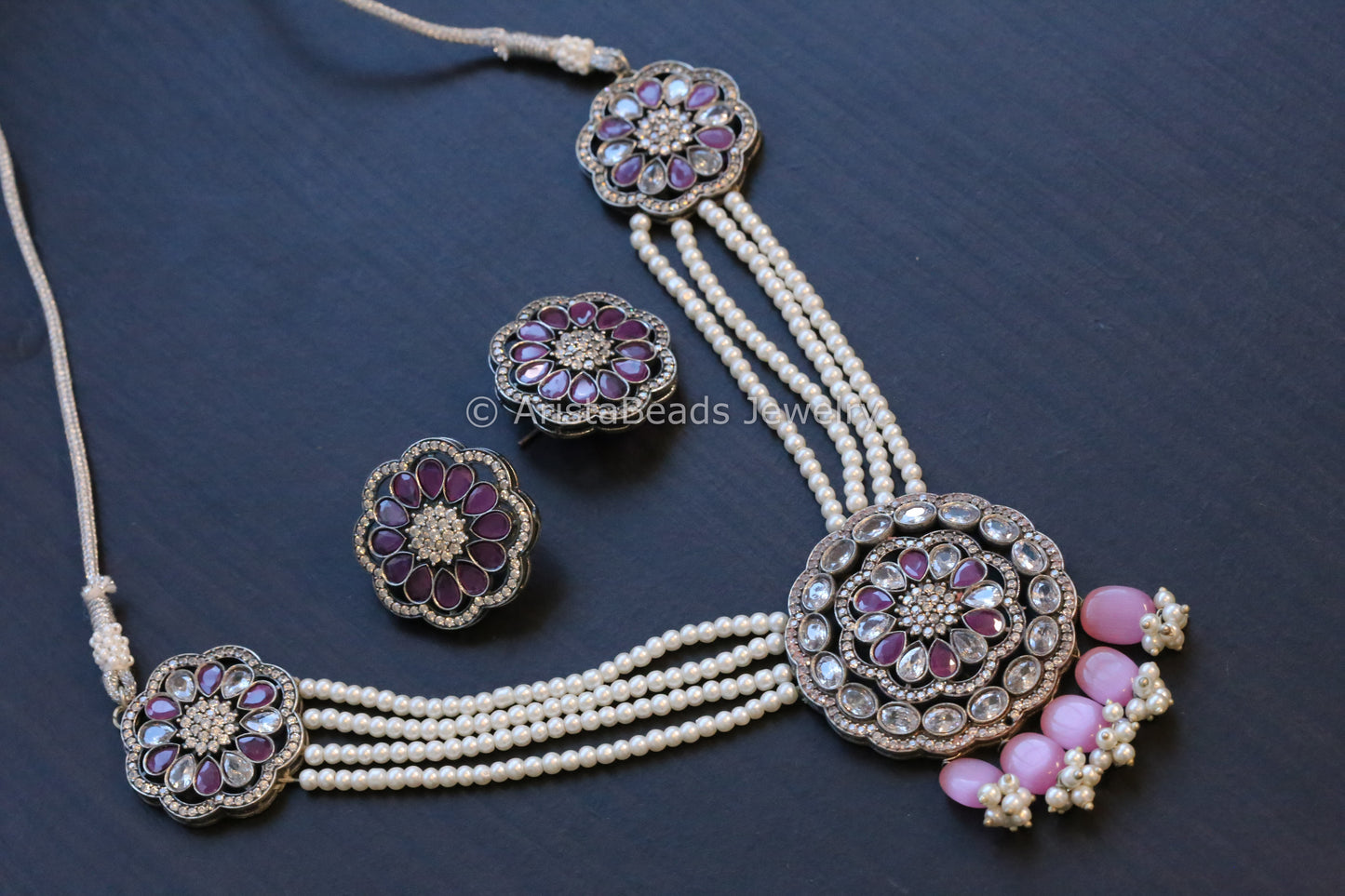 Short Pink Pearl Necklace Set