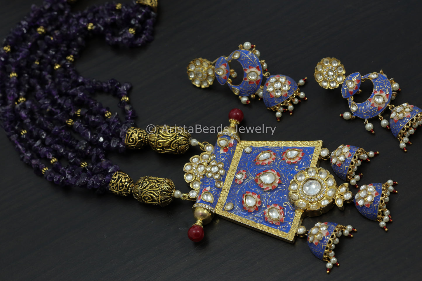 Polki Kundan & Glazed Enamel Amethyst Necklace Set