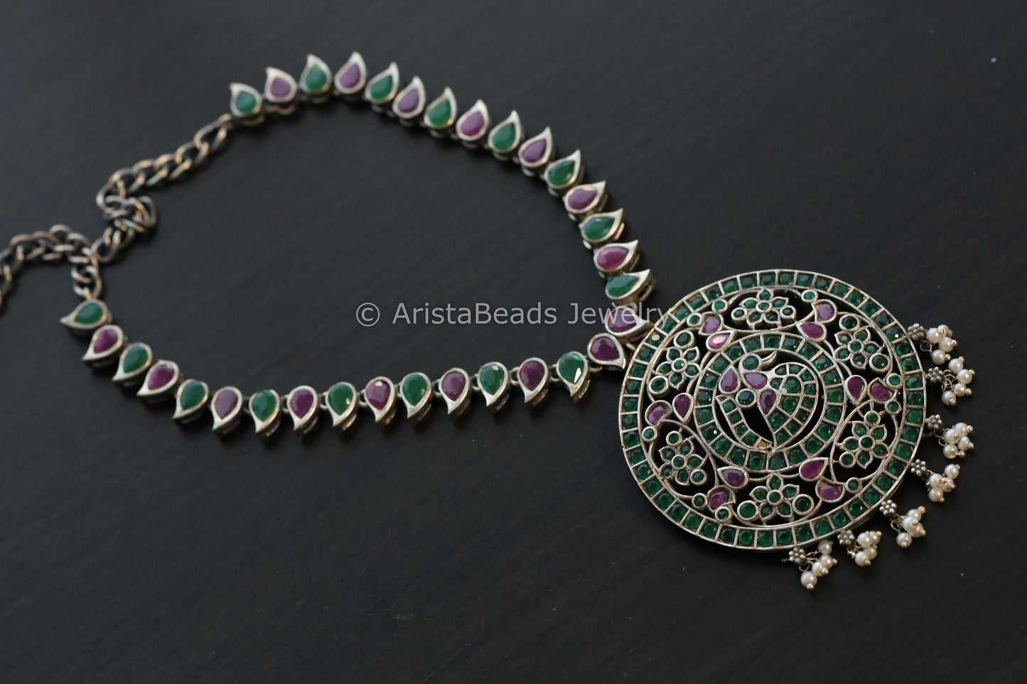 Jadau Look Alike Oxidized CZ Peacock Necklace - Multi Color