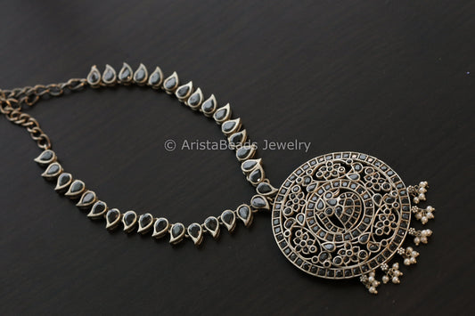 Jadau Look Alike Oxidized CZ Peacock Necklace - Black