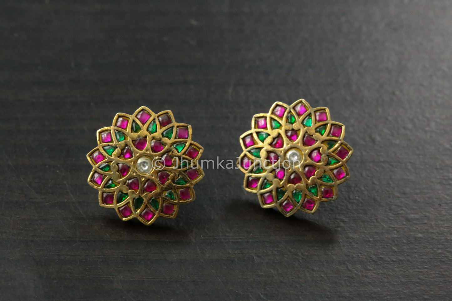 Handmade Jadau Ruby Emerald Studs