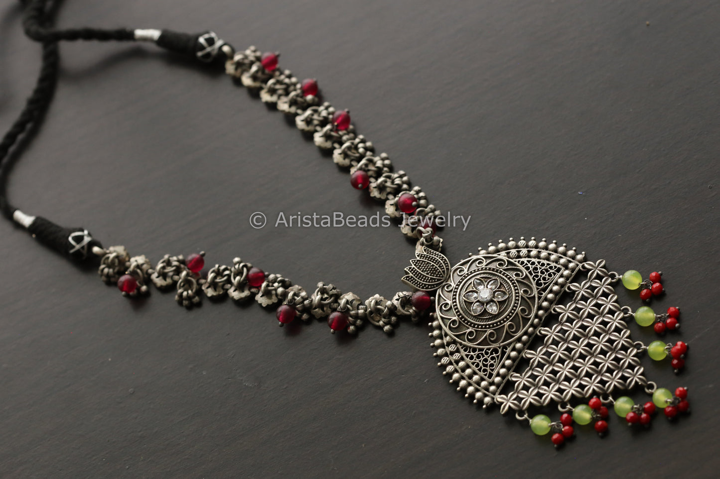 Silver Look Green Red Necklace