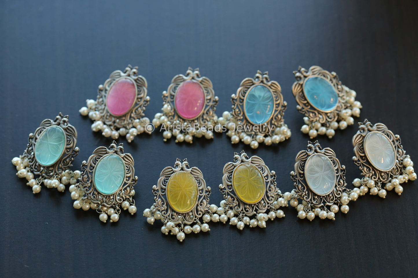 Carved Stone Oxidized Studs