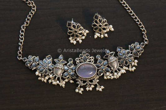 Gray Black Oxidized Monalisa Stone Choker Set