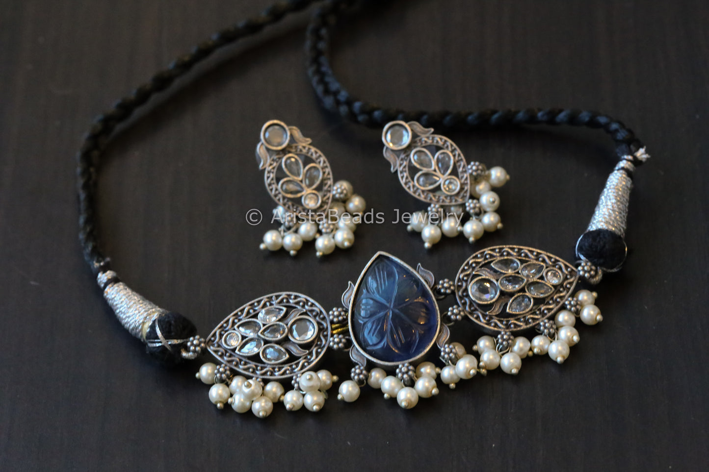 Carved Stone Choker Set - Blue