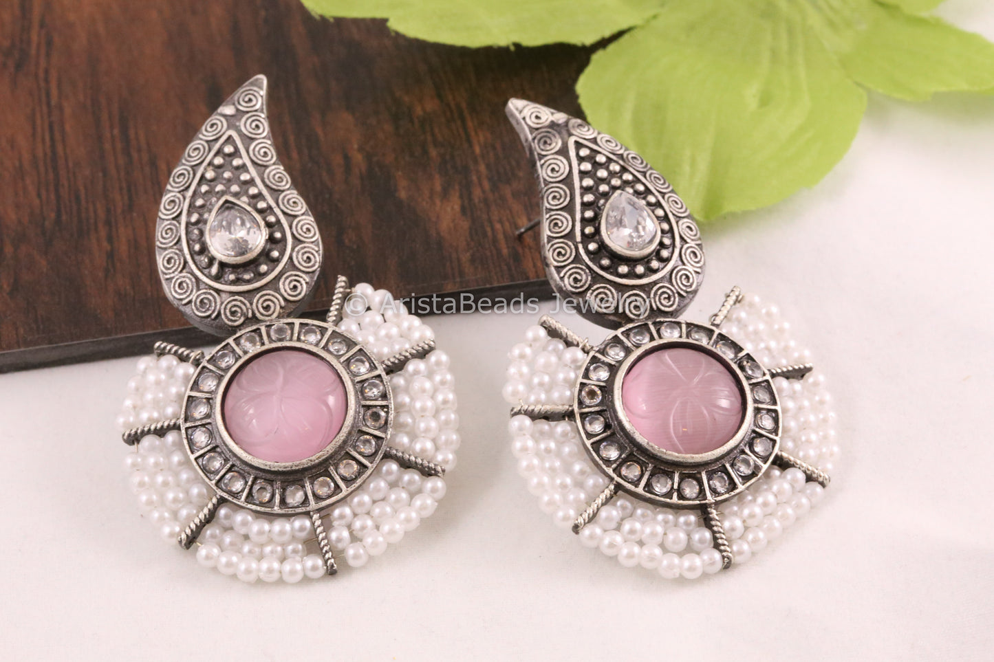 Carved Stone Silver Look Earrings - Pink
