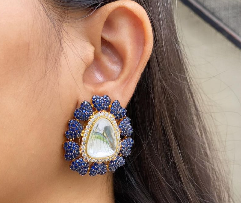 Micro CZ Victorian Dual Tone Studs - Blue