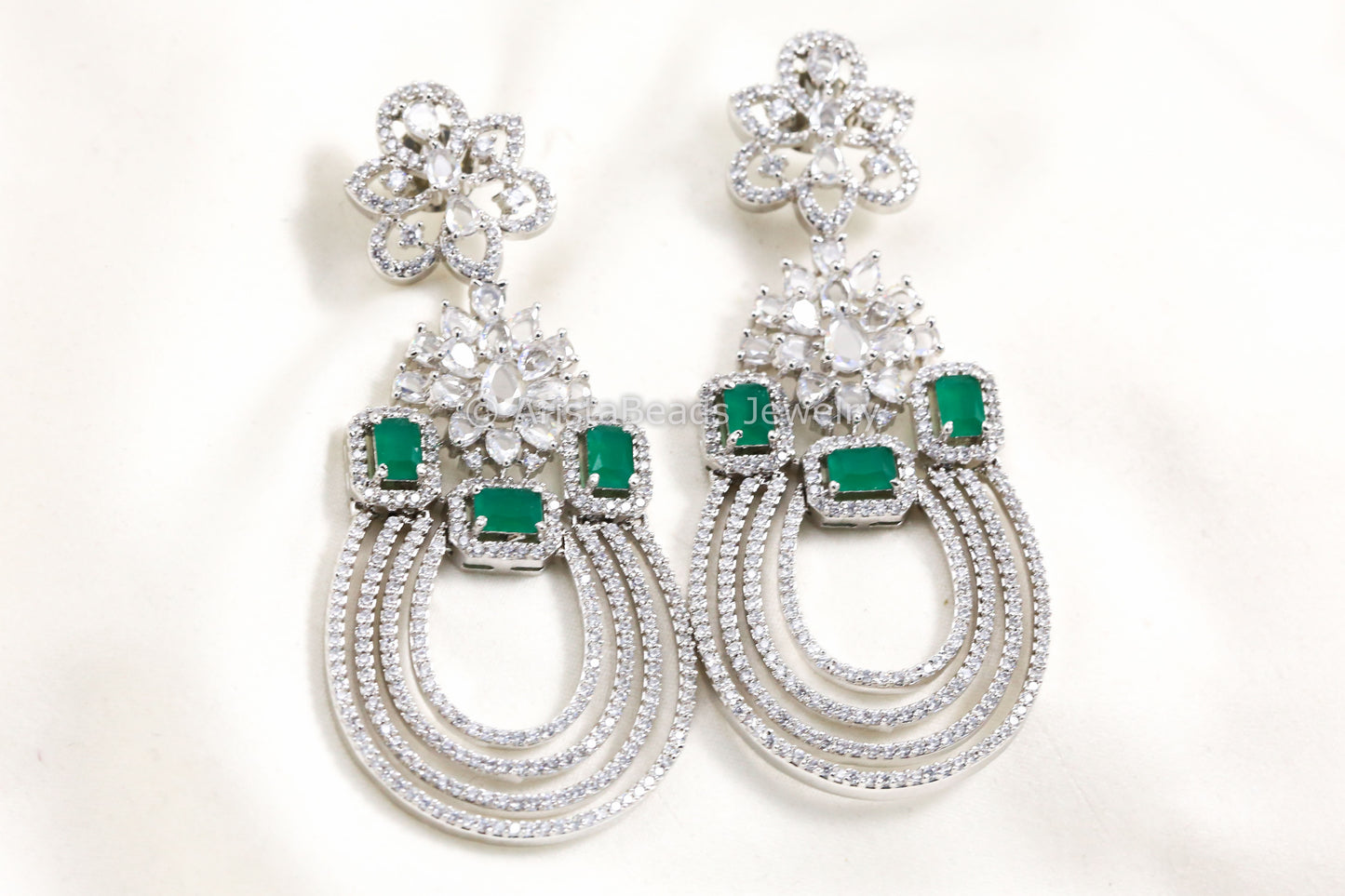Contemporary Silver Finish Emerald Chandbaali