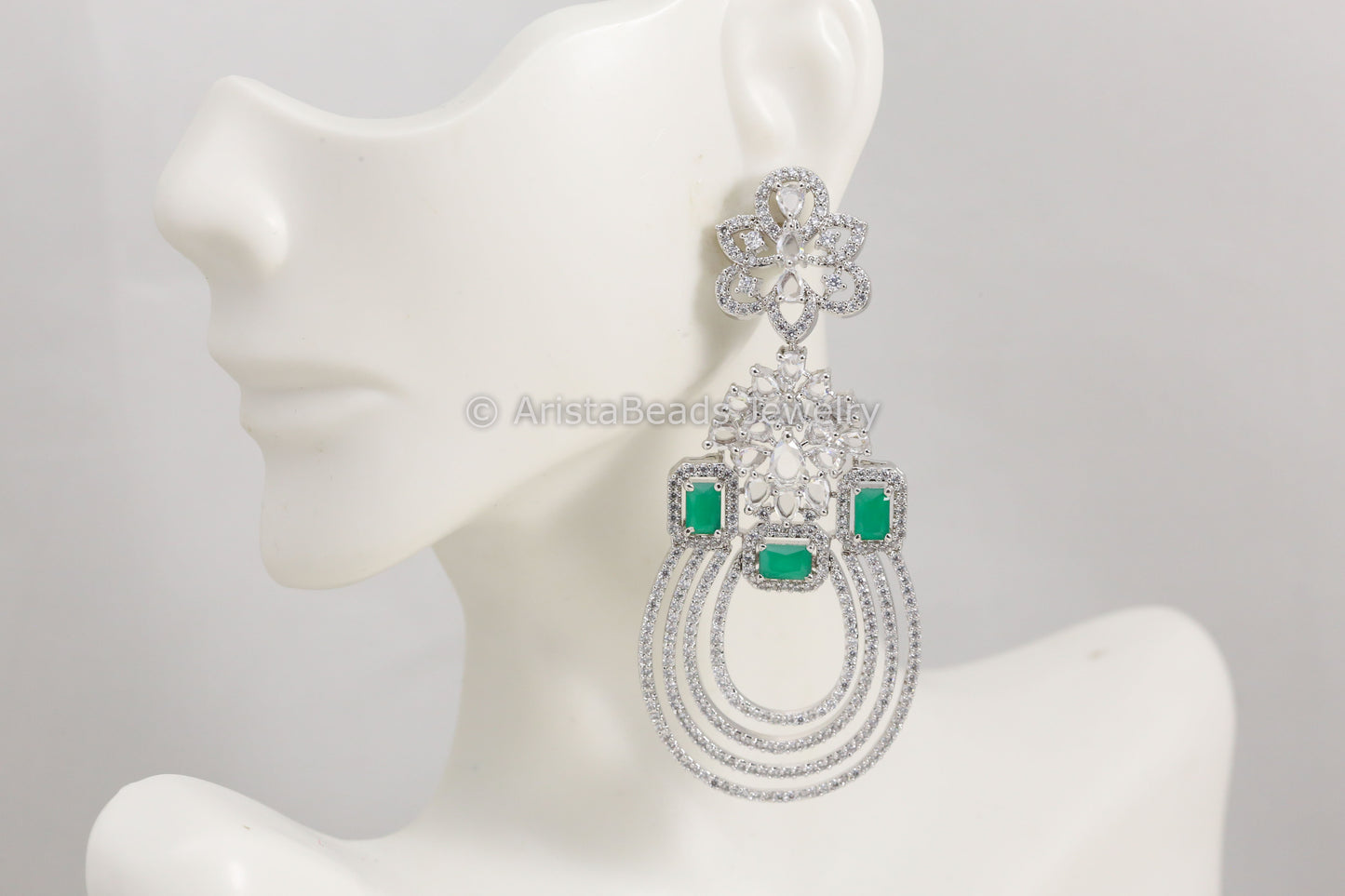 Contemporary Silver Finish Emerald Chandbaali