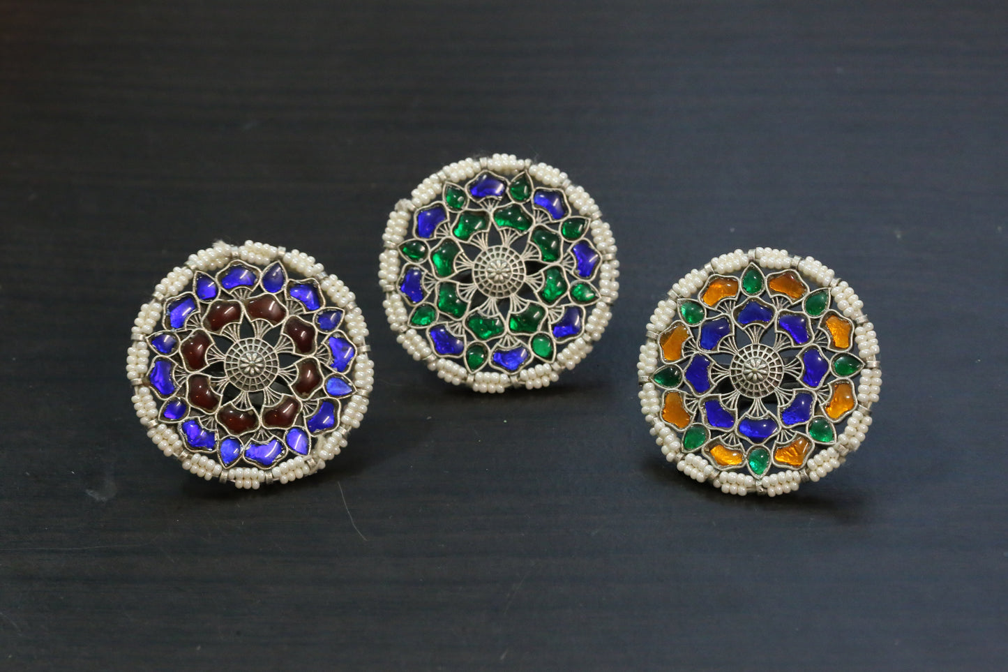 Large Silver Finish Jadau Rings (Adjustable) - Design 2