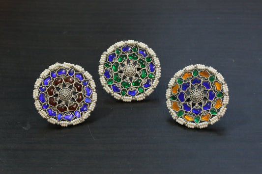 Large Silver Finish Jadau Rings (Adjustable) - Design 2