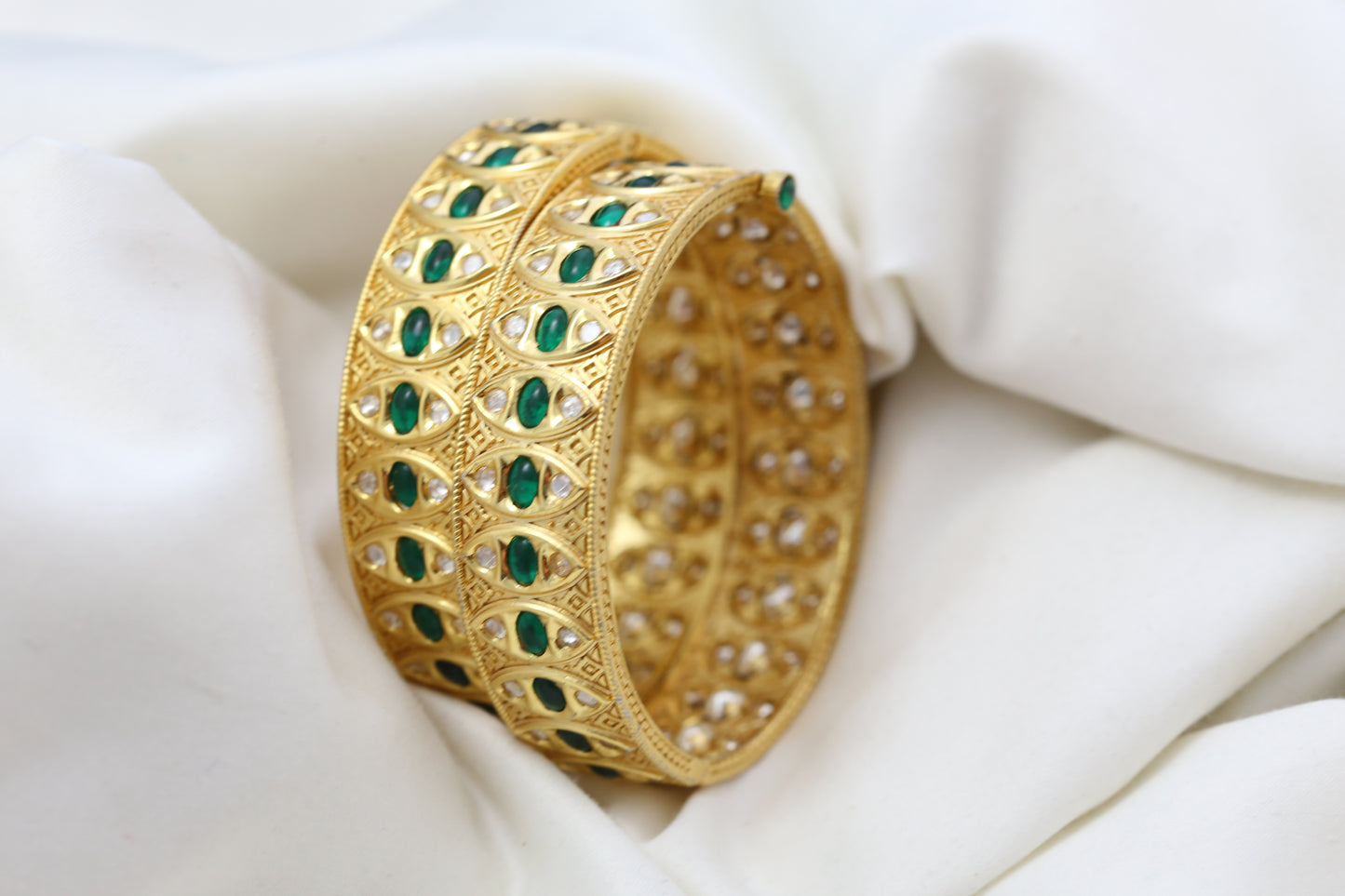 Polki Kunda Bangle Set - Green (Openable)