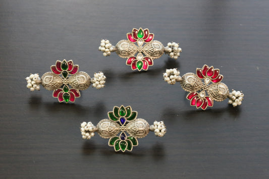 Large Silver Finish Jadau Rings (Adjustable) - Design 5