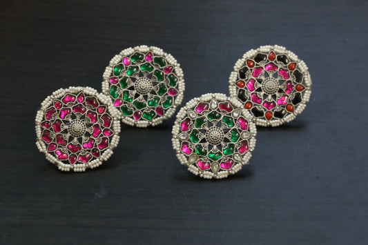 Large Silver Finish Jadau Rings (Adjustable) - Design 3