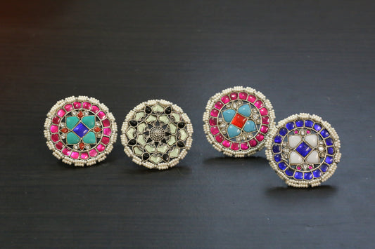 Large Silver Finish Jadau Rings (Adjustable) - Set 1