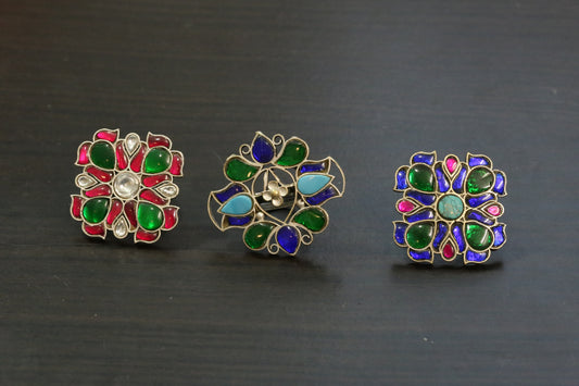 Large Silver Finish Jadau Rings (Adjustable) - Design 4