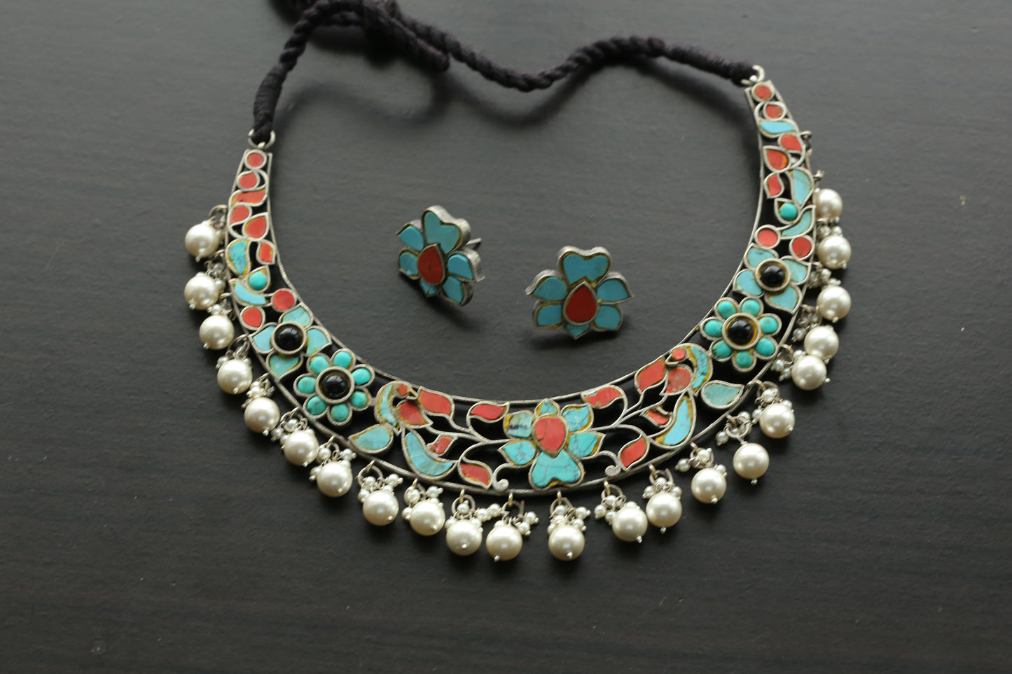 Silver Finish Jadau Kundan Hasli Necklace Set - Coral Turquoise