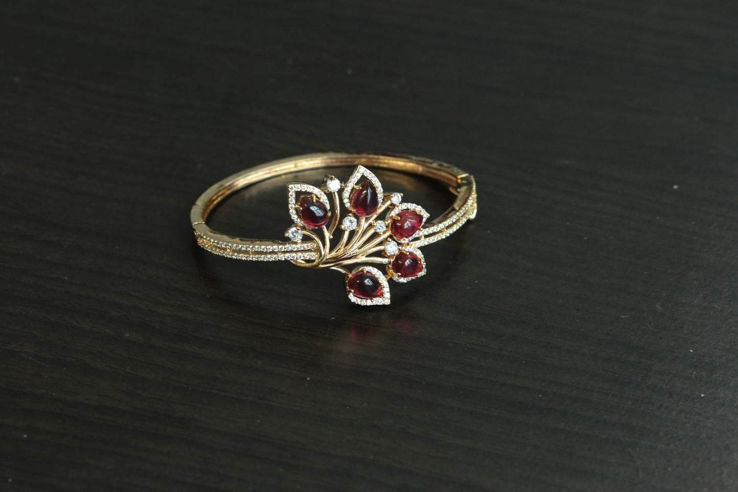 Gold Finish CZ Bangle Bracelet - Red (Openable)