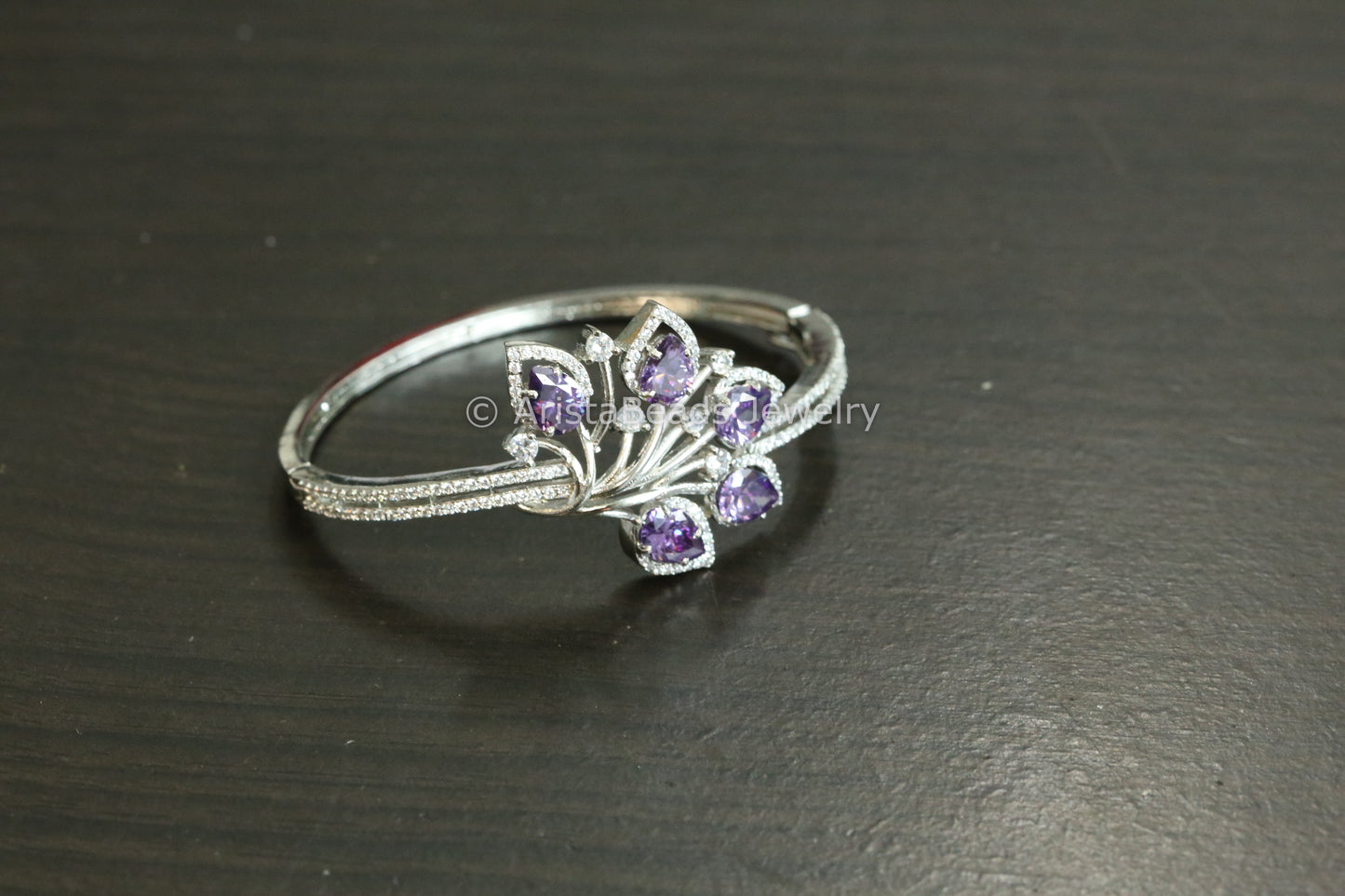 Silver Finish CZ Bangle Bracelet - Purple (Openable)