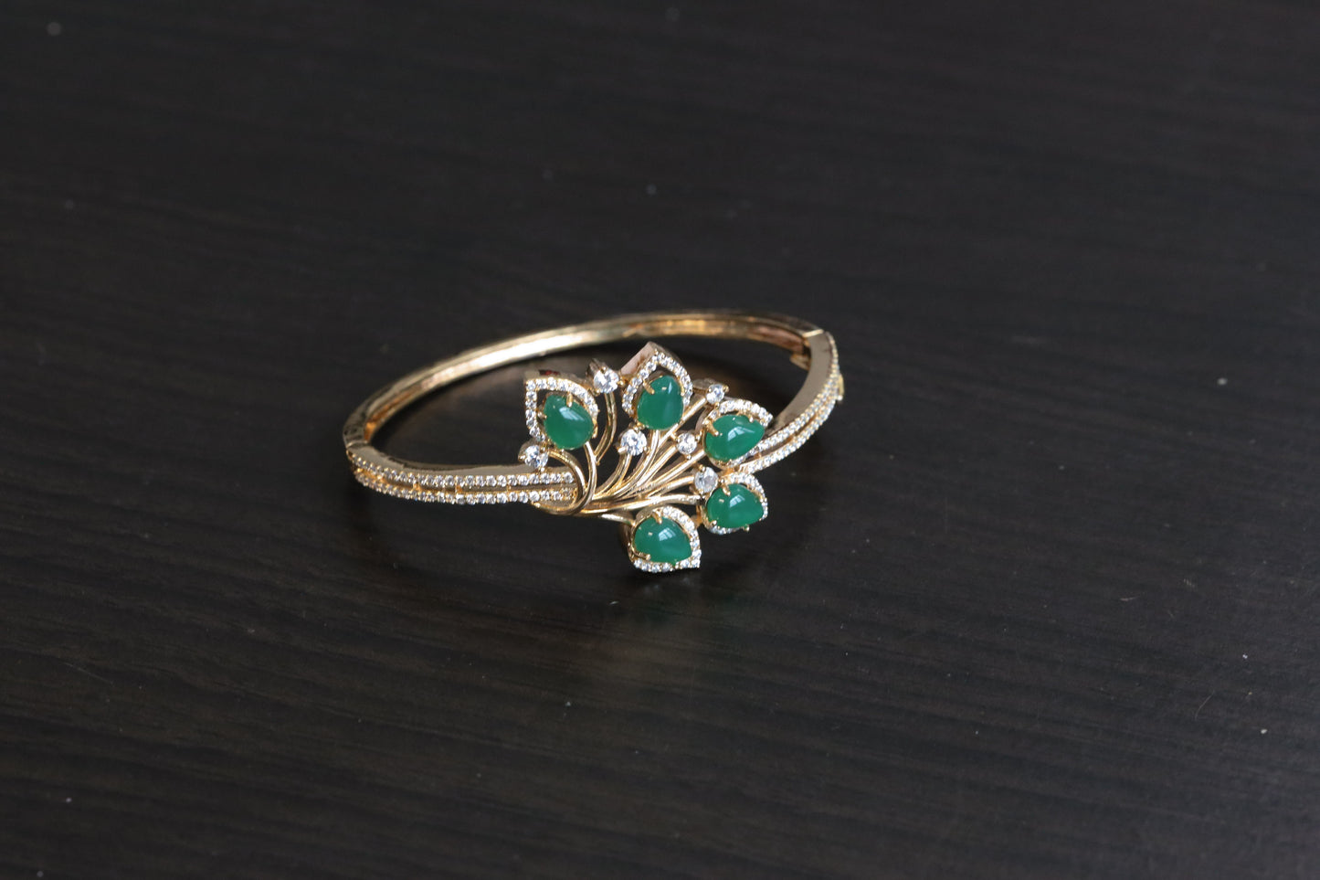Gold Finish CZ Bangle Bracelet - Green (Openable)