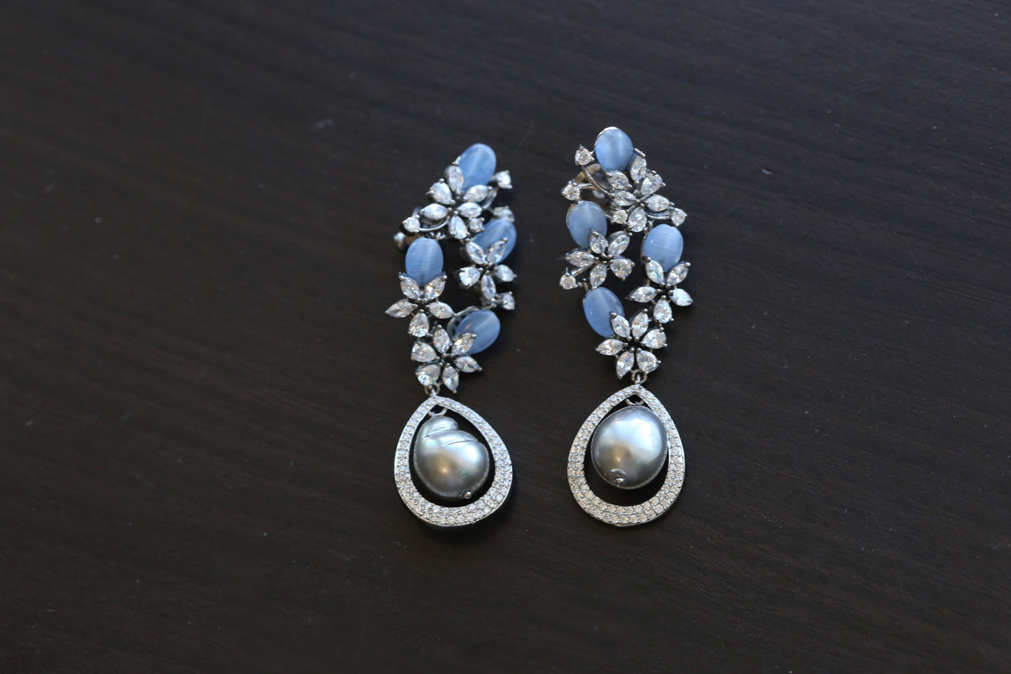 Contemporary CZ & Real Pearl Earrings- Blue
