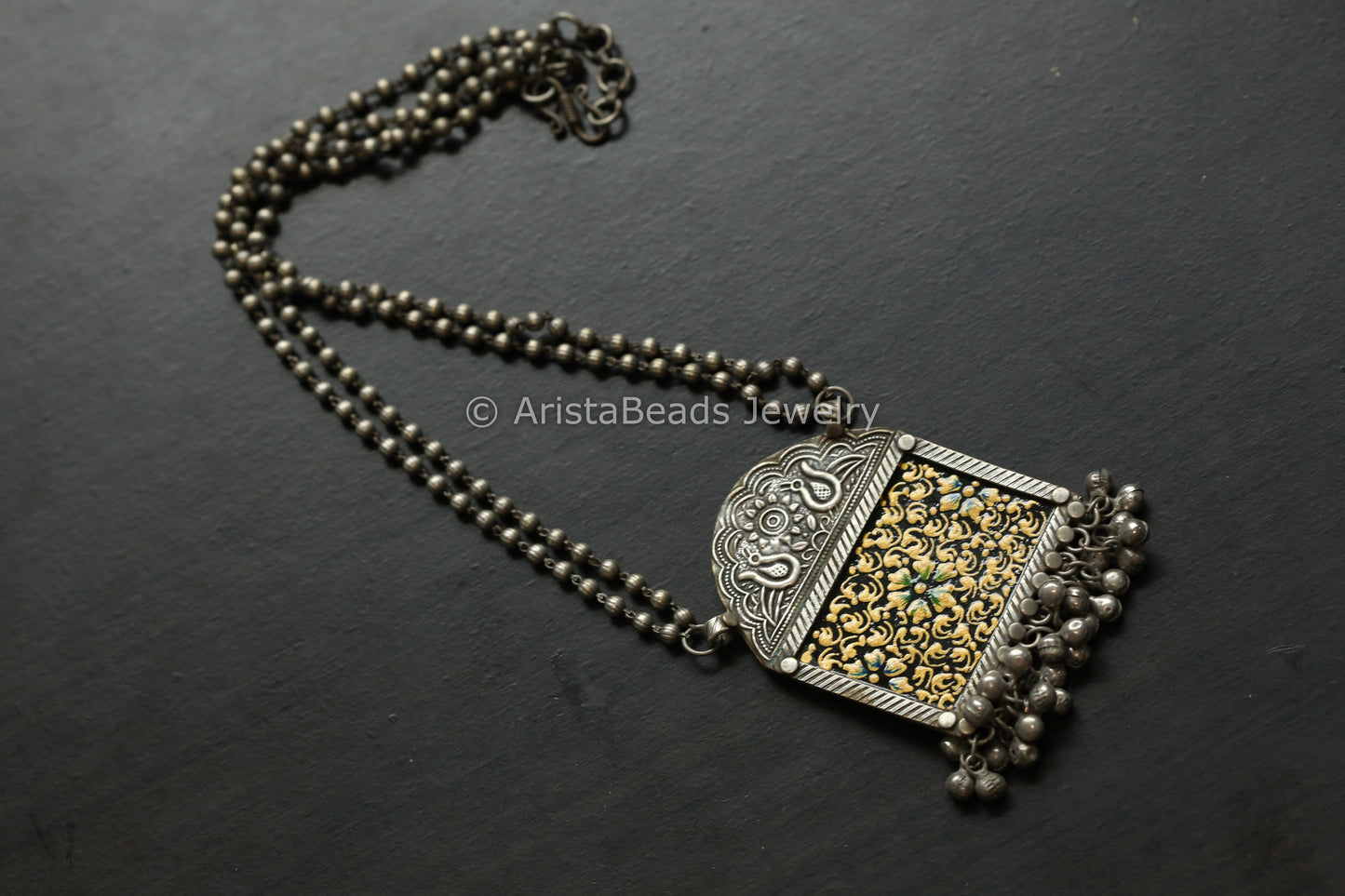 Hand Enameled Silver Look Necklace - Black
