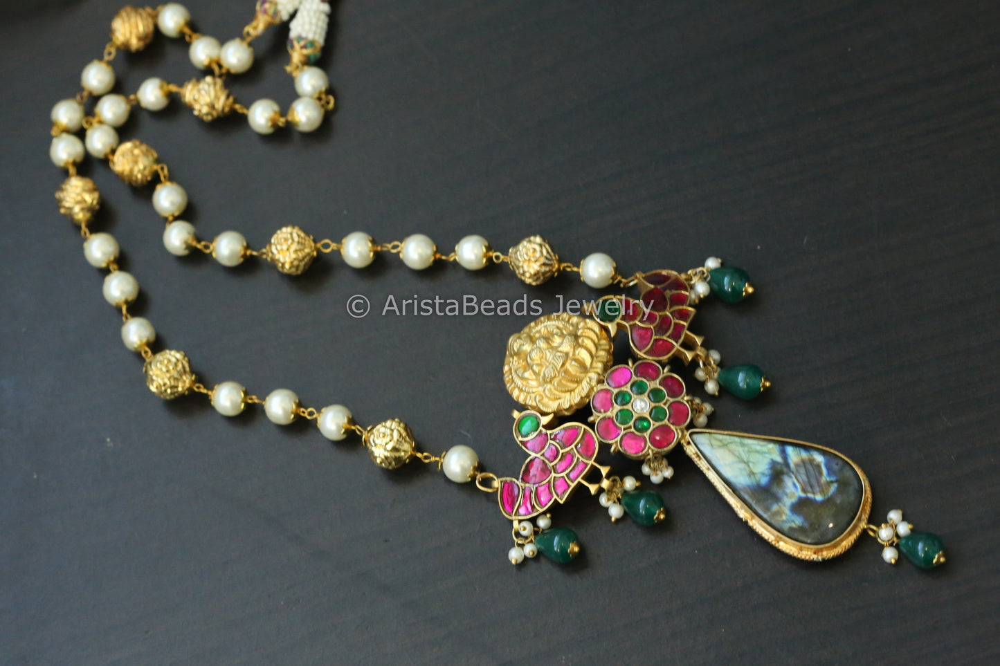 Labradorite Stone Cab & Kundan Fusion Necklace
