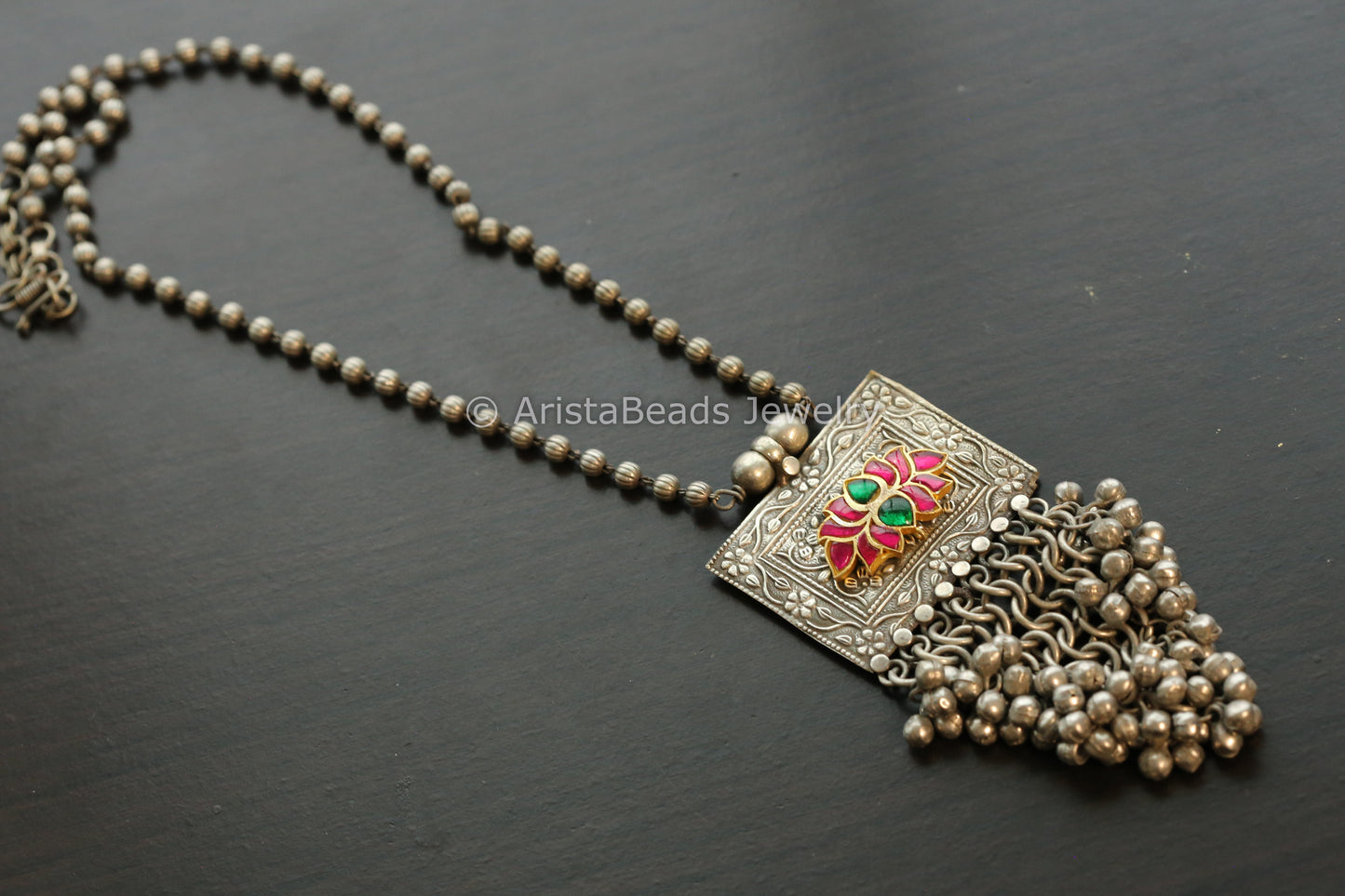 Kundan Fusion Ghungroo Pendant Chain Necklace - Ruby Green