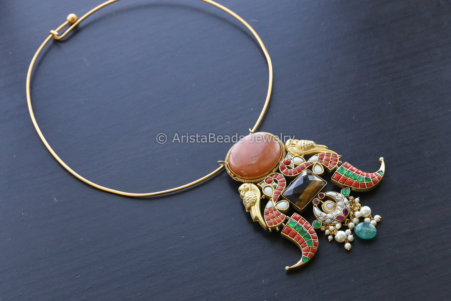 Kundan Jadau Fusion Hasli Necklace - Tiger Eye
