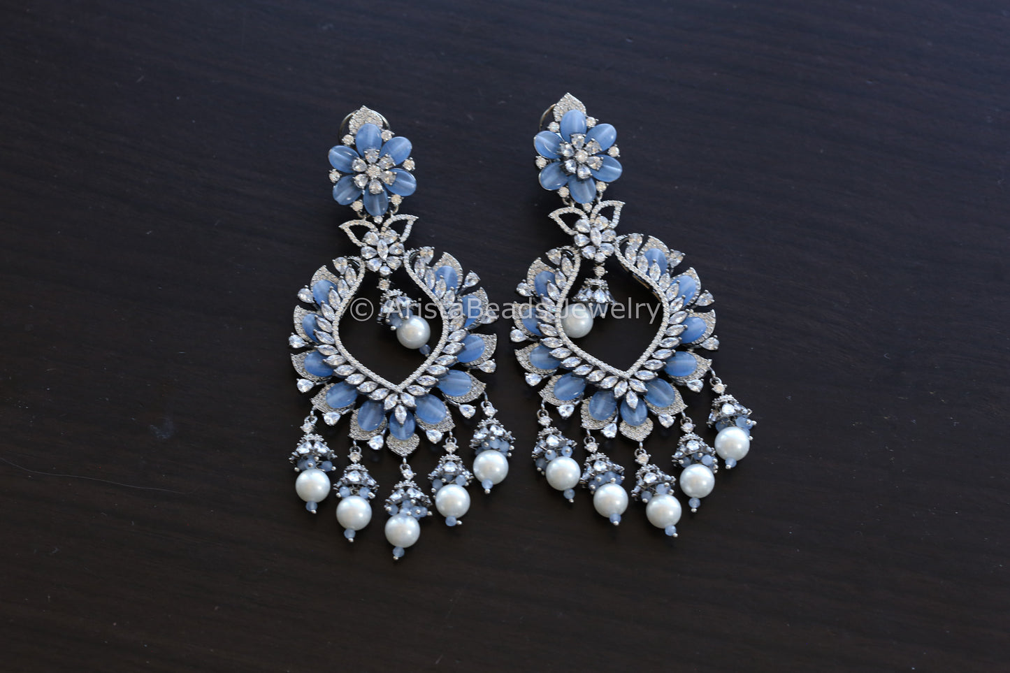 Large Contemporary CZ Silver Finish Earrings - Blue