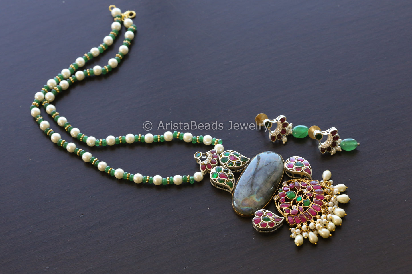 Jadau Kundan Fusion Necklace Set -Labradorite