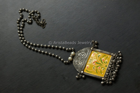 Hand Enameled Silver Look Necklace - Yellow