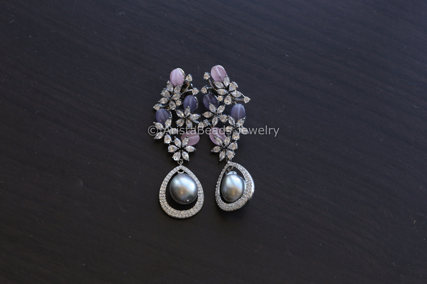 Contemporary CZ & Real Pearl Earrings- Pink