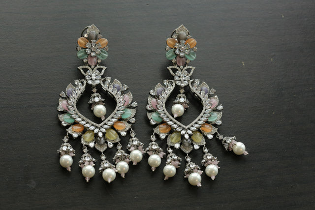 Large Contemporary CZ Silver Finish Earrings