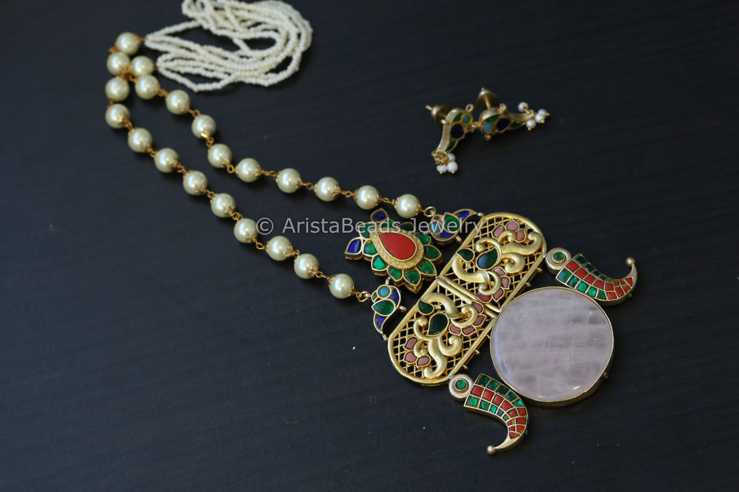 Jadau Kundan Fusion Necklace Set - Rose Quartz