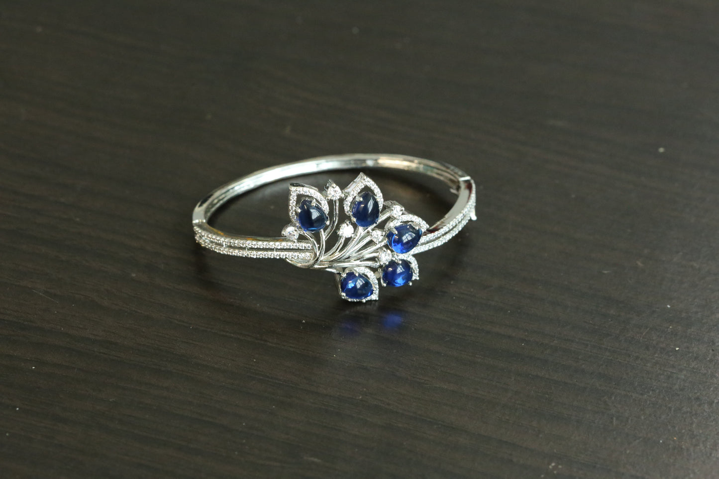 Silver Finish CZ Bangle Bracelet - Blue (Openable)